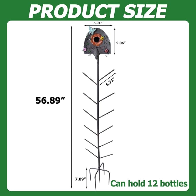57" HMetal Bird House and Wine Bottle Tree, 2 in 1, Lawn Ornaments for Outside,As Garden Yard Decoration for Exterior Party Landscape Decoration