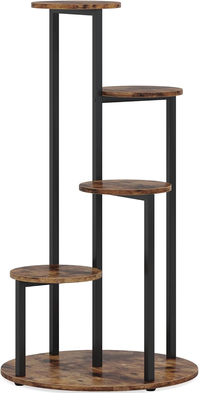 LITTLE TREE 5-Tier Corner Plant Stand, Free Standing Wood Metal Flower Rack Pot Shelf Display with Round Board, Garden Patio Balcony Plant Holder for Indoor Outdoor Living Room, Bedroom, Rustic Brown