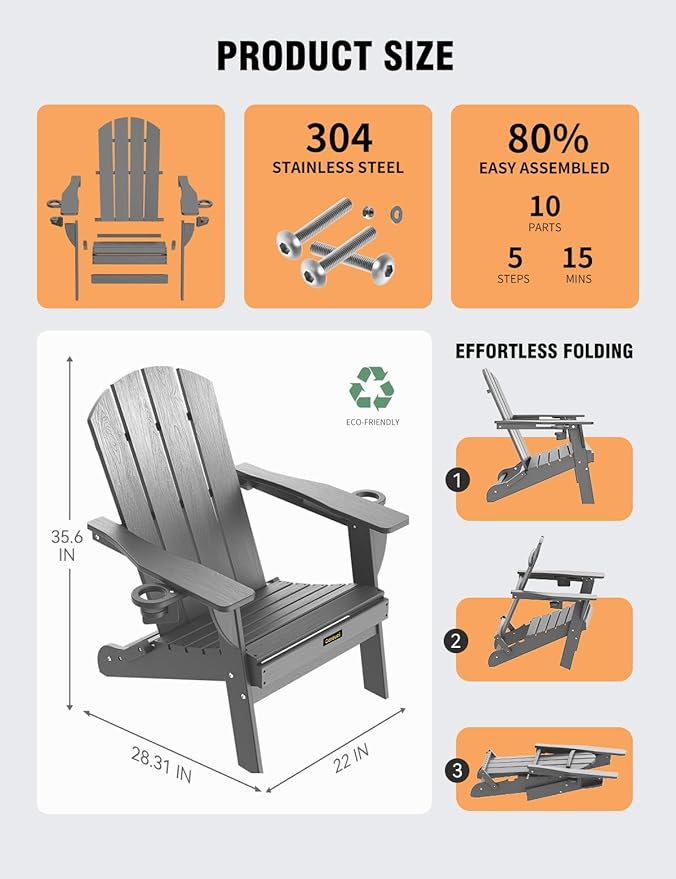 Folding Adirondack Chair Set of 4, Wooden Textured Plastic Adirondack Chairs with 2 Cup Holder, Weather Resistant HDPE Fire Pit Chair, Outdoor Patio Chairs for Garden, Backyard, Lawn, Deck, Grey
