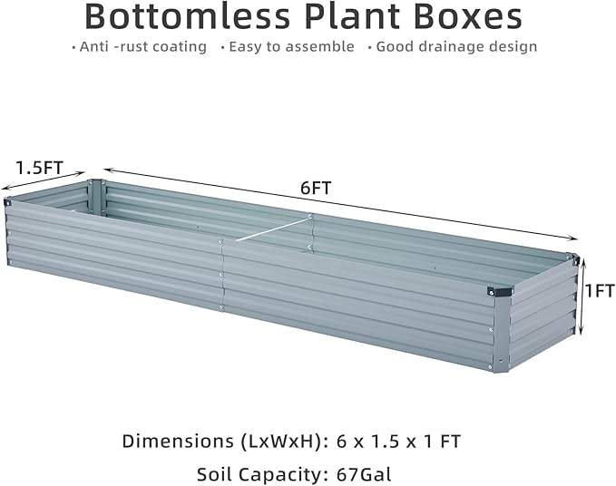 Meberam 2 Pack 6x1.5x1FT Galvanized Raised Garden Beds Kit Outdoor Metal Gardening Planter Box for Vegetable Elevated Flower Herbs,Gray