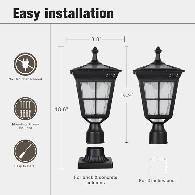 Solar Lamp Post Light, Cast Aluminium Waterproof LED with Glass Outdoor Dusk to Dawn Solar Post Light ST4311AQ for Pier Mount Pillar Gates Garden Pole Column Yard Path Driveway (Black, Lamp)