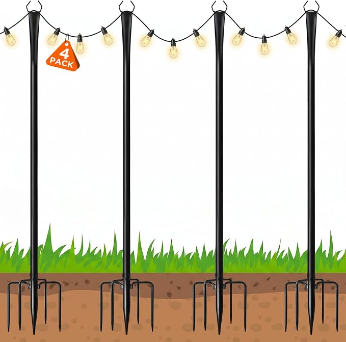 10FT String Light Poles, Heavy Duty Outdoor Light Pole Stand, 5-Prong Reinforced Steel Base, Anti-Rust, for Patio Garden Deck, Support Bistro & Edison Bulb Lights (4 Pack)
