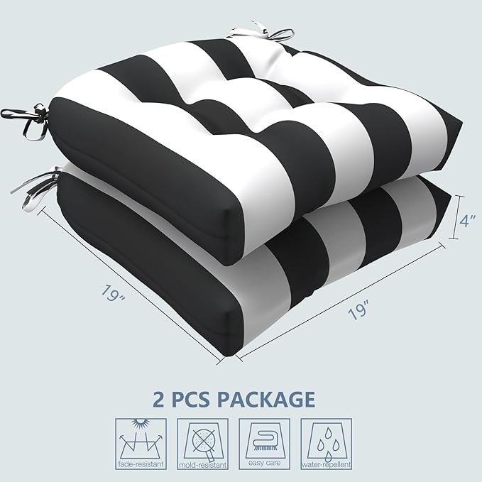 LVTXIII Outdoor Seat Cushions Seasonal Tufted Chair Cushions, Patio Chair Pads for Dining Chairs, Office Armchairs and Garden Furniture Decoration(Round Back, 19”x19”x4”, Cabana Black, 2 Pack)