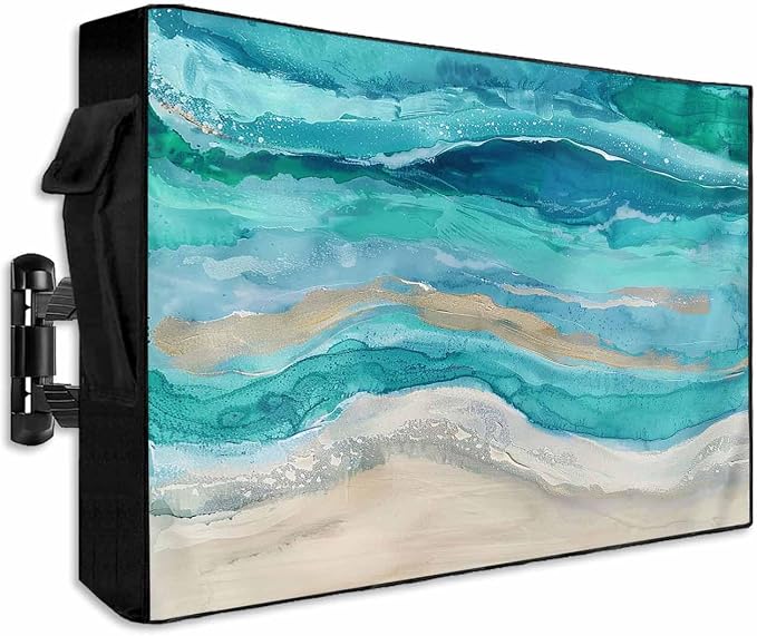 Outdoor TV Cover 48-50 Inch Weatherproof, Teal Coastal Outdoor TV Enclosure with Zipper & Roll Up Front Flap, Summer Beach Nautical Abstract Art Waterproof TV Covers for Outside Flat Screen TV