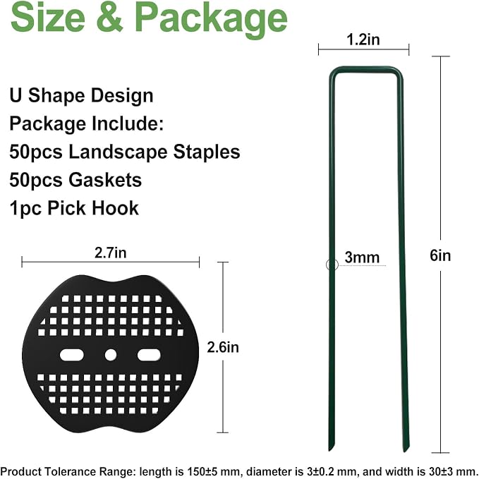 Landscape Staples 6Inch 50pcs Garden Stakes + 50pcs Gasket, Lawn Pins with Spray Coating Craft, 11Gauge Anti-Rust Ground Yard Spikes Anchoring for Outdoor Tents Irrigation Hoses (Green)