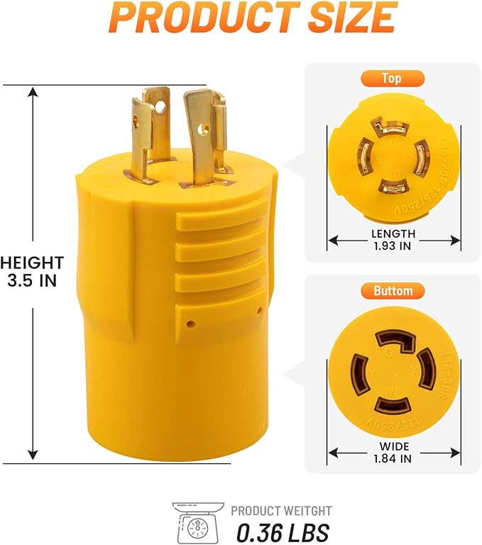MECMO 20Amp to 30Amp Generator Adapter NEMA L14-20P to L14-30R, 4 Prong Locking 20A L14-20 Plug to 30A L14-30 Twist Lock Receptacle for House Transfer Switch, Power Back Up
