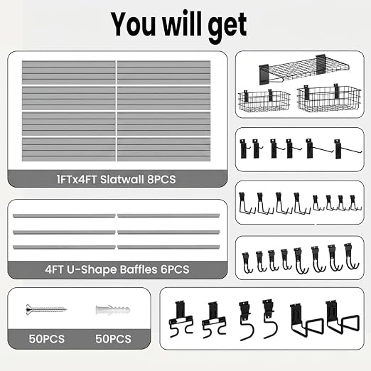 SMARTSTANDARD Slatwall Panel 4x8 FT, Garden Wall Organizer with 31 Garden Tool Hooks & Baskets,Heavy Duty PVC Slat Wall Panels for Gardening, Easy to Install & DIY Cutting (Gray)