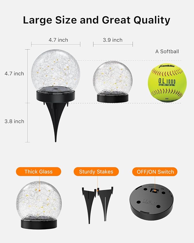 4 Pack 4.72" Multicolor Solar Powered Cracked Glass Ball Lights Outdoor Waterproof RGB Ambiance Orbs Lamps for Outside Garden, Patio, Table, Walkway, Stairs, Lawn, Landscape Decor with Durable Stakes