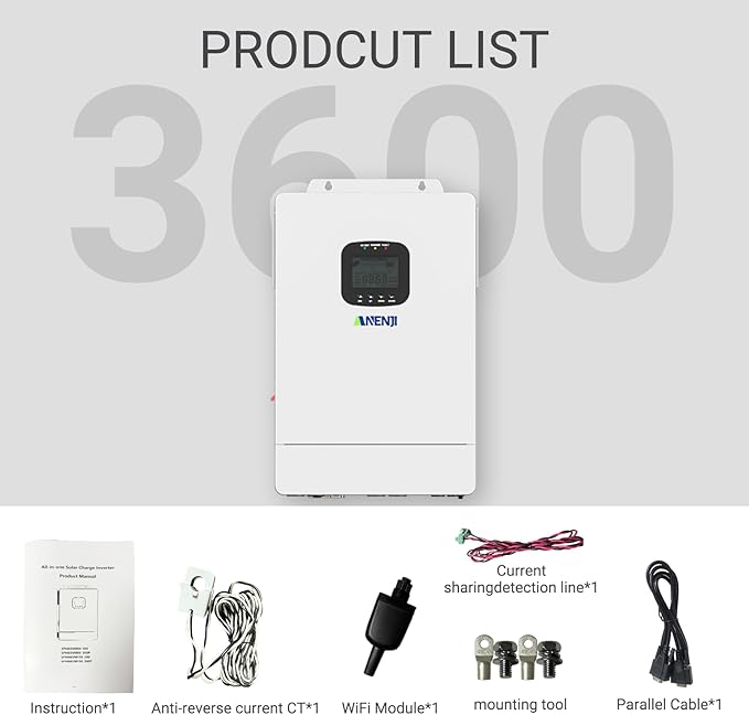 3600W Hybrid Solar Inverter 48V,DC to 110V AC,Built in 80A MPPT Controller,Multi 6 Unit Parallel,Pure Sine Wave,Off-Grid+On-Grid Systems with WiFi 120V Output for Home Backup Support Li Battery BMS