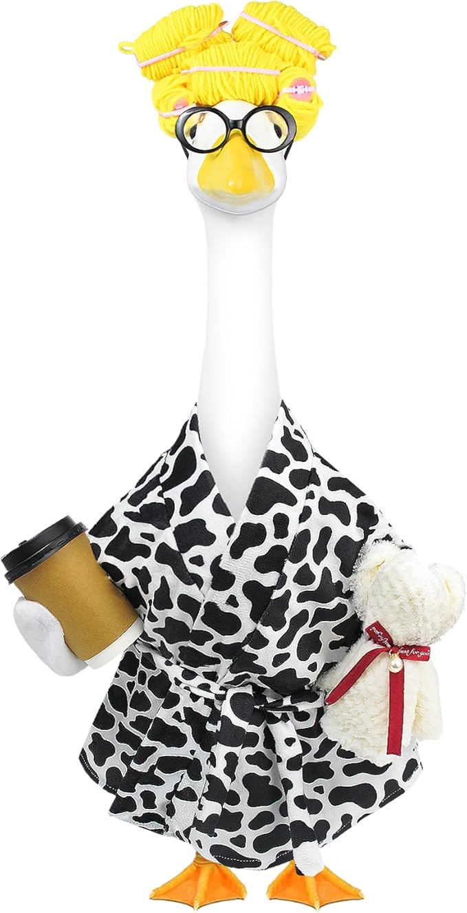 Lady Porch Goose Outfits,Bathrobe Porch Goose Statue Costume with Curlers Reading Glasses Coffee Cup Towel,Cute Goose Clothes for 23-Inch Cement Statue,Lawn Yard Garden Patio Decor（Cow Print）
