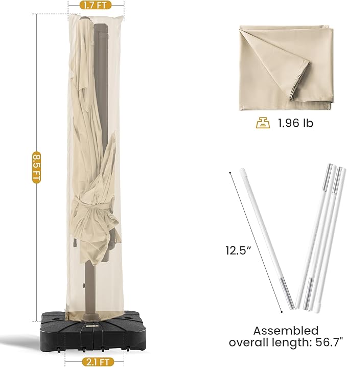 Patio Umbrella Cover Waterproof UV Resistant Outdoor Cantilever Umbrella Covers with Zipper and Rod, Beige