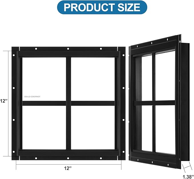 2 Pack Shed Window 12" W x 12" H, Black Flush Mount Window with Tempered Glass for Playhouses, Sheds, Garage and Chicken Coops