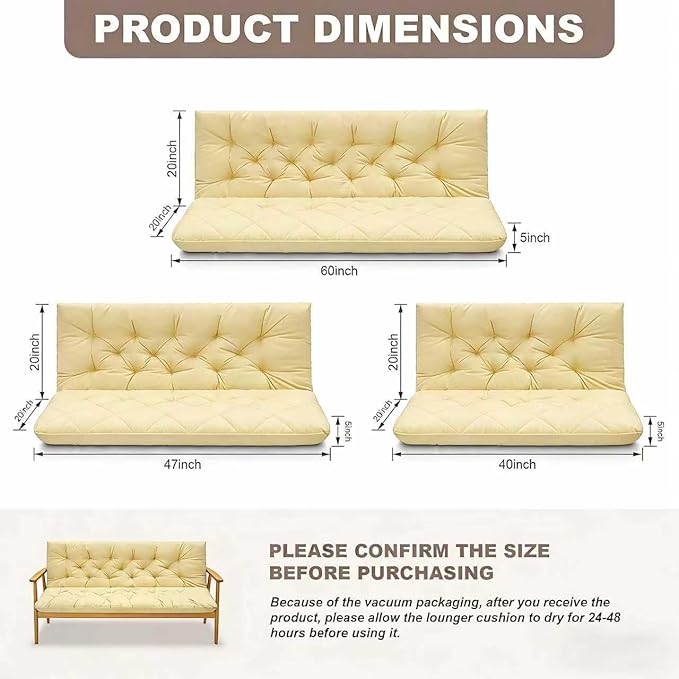 Porch Swing Cushions,Outdoor Cushions 3 Seater Replacement with Backrest, Waterproof Thickened Bench Cushion with Ties for Porch, Patio,Outdoor, Backyard and Garden (Beige Yellow 60 * 40 in)