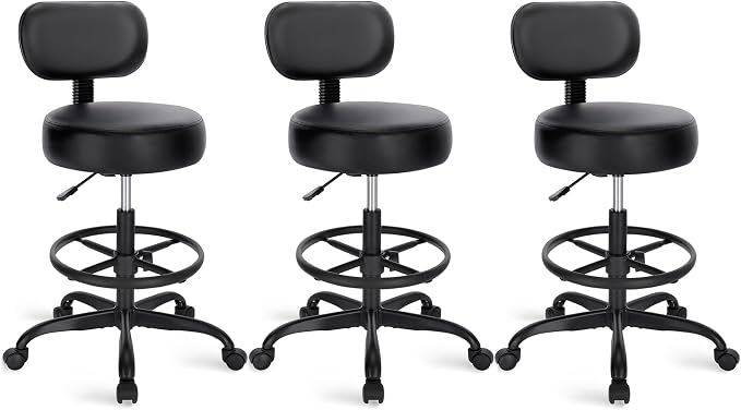 SUPERJARE Drafting Chair with Back, Set of 3, Swivel Barstools, Adjustable Height Rolling Stool with Footrest, Standing Desk Chair for Counter Height Desk, Shop, Home Kitchen, Clinic Studio, All Black