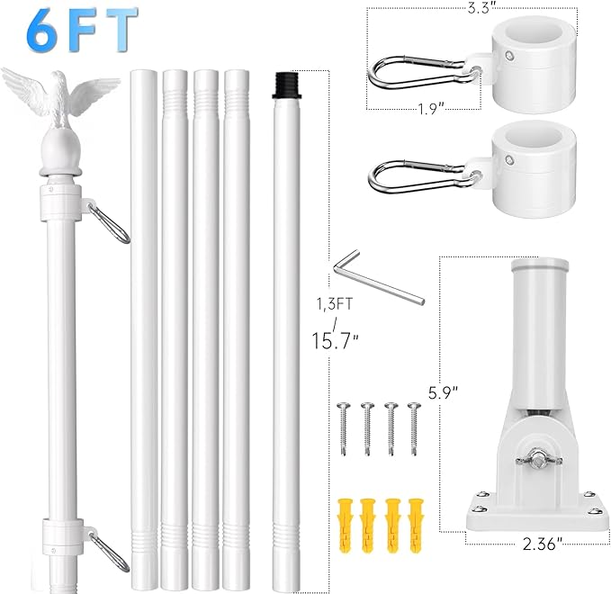LETSTRY 6FT Flag Pole Kit for Outside House with Solar Light, 1" Thickened Stainless Steel with Adjustable Bracket, Wall Mount Flagpole for 3x5 American Flags for Outdoor, Residential, Porch (White)