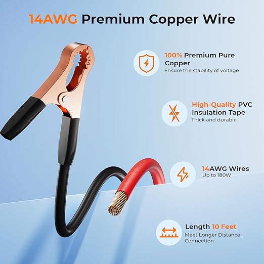 14AWG 10FT SAE to Battery Alligator Clips Cable,12V SAE 2Pin Quick Disconnect Crocodile Cable with 15A Fuse for Solar Power, Battery, Motorcycle, Car, RV, TruckWater Resistant Charging Extension
