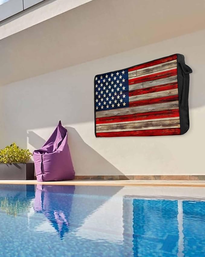 American Flag Outdoor TV Cover 52-55 Inches, Weatherproof & Waterproof, Red Striped Blue Star Enclosure with Remote Control Pocket, Vintage Wooden TV Screen Protectors