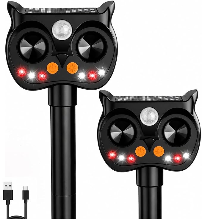 New Solar Animal Repellent Ultrasonic Outdoor for Deer Cat Skunk Squirrel Racoon Fortress Pro Animal Repeller Deterrent Devices with LED Strobe,Motion Sensor,Adjustable Volume and Modes for Yard,2 Pcs