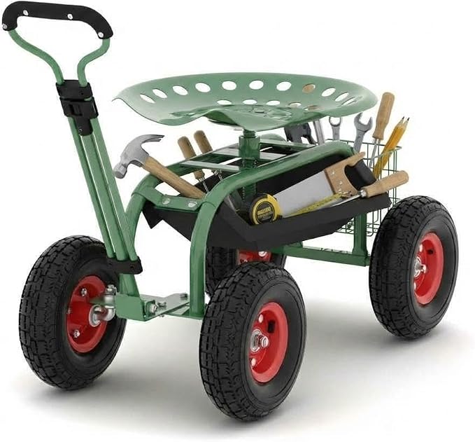 Garden Cart Workseat with Wheels, Rolling Gardening Stool with 360° Swivel Seat, Wagon Scooter with Steering Handle & Utility Tool Tray for Planting, Weeding, Lawn Care