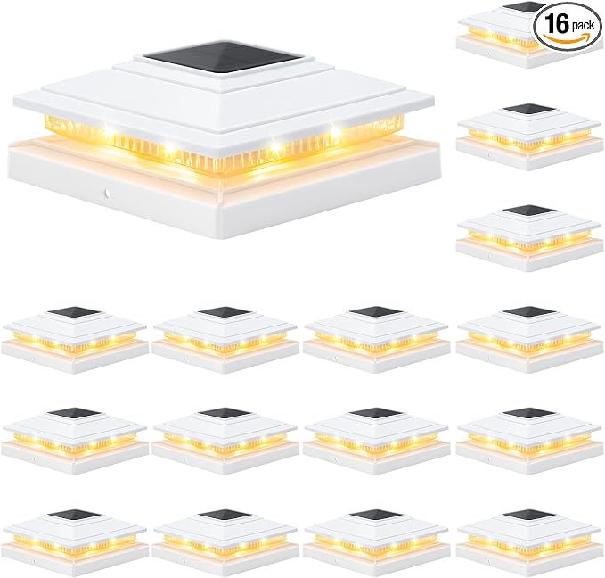 APONUO Solar Post Cap Lights 16-Pack, White IP64 Waterproof 16 LED Fence Post Solar Lights for 4x4 5x5 6x6 Wood/Vinyl Posts, 2-Mode Deck Post Lights Solar Powered, 10-Hr Lighting for Patio Yard Porch