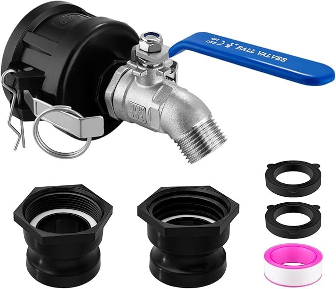 IBC Tote Hose Adapter, 2" Cam Lock for 275-330 Gallon IBC Tote Tank with 2packs Groove Fittings, IBC Tote Garden Hose Adapter with 304 Stainless Steel Hose Faucet (1/2'' Male Inlet ×3/4" Male)