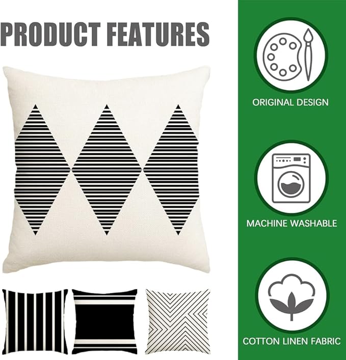 RABUSOFA Outdoor Pillows Waterproof,18x18 inch Black and White Throw Pillows Boho Set of 4 for Patio Furniture,Sunbrella Outdoor Pillow Covers for Couch(2W-18) (no Insert)