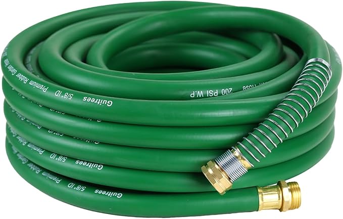 Guitrees 25FT 5/8 Heavy Duty Rubber Garden Hose - 300psi Working, 1000psi Burst - Hot/Cold Water - Five-Layered Braiding for Durability - Versatile for Gardening, Agriculture, Construction(Green)