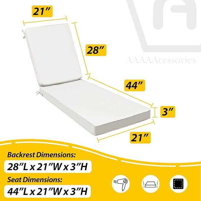 AAAAAcessories Outdoor Chaise Lounge Cushions, Fade-Resistant, Waterproof Patio Furniture Replacement Cushions, 72" x 21" x 3", Creamy White