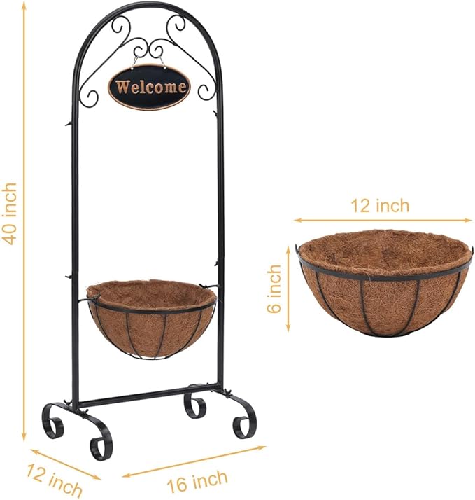 SUNNYPARK Black Metal Welcome Sign Hanging Basket Stand - 40 Inch Decorative Planter Holder for Outdoor/Indoor Plants, Flowers, Herbs - Rustic Garden Decor