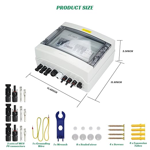 3 in 1 Out Solar Combiner Box,PV Combiner Box with 20A PV Fuse,DC 63A Circuit Breaker and Surge Protector,IP65 Solar Disconnect Switch Box for Indoor Outdoor Solar Panel System (3 in 1 Out 20A 500V)