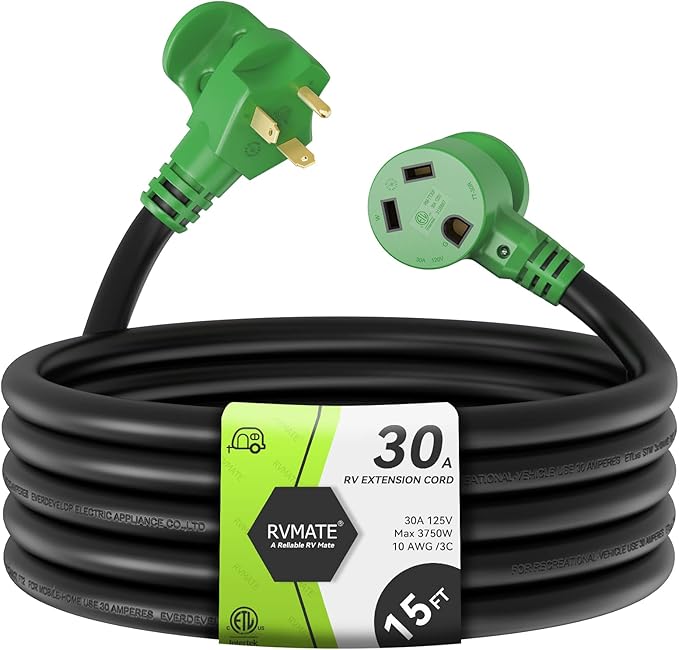RVMATE 30 Amp 15 Feet RV Power Extension Cord with Easy Plug-in Handle, TT-30P to TT-30R, LED Indicator, 10 AWG, ETL Listed
