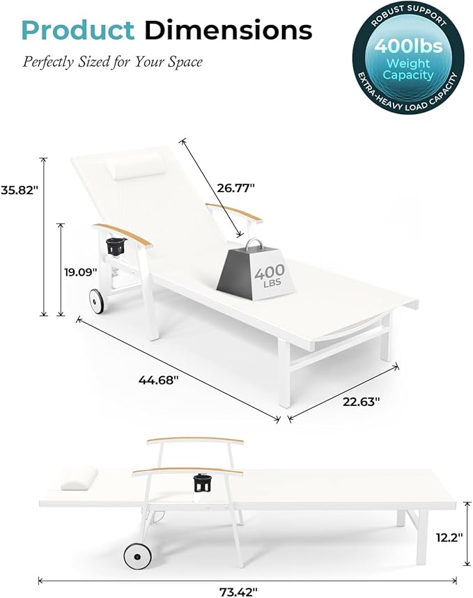 Ciokea Outdoor Lounge Chair with Pillow Set of 2, 5-Position Aluminum Chaise Lounge with Wheels & Armrests, 400 lbs Heavy Duty Patio Pool Chair for Backyard, Deck, Beach & Poolside, White