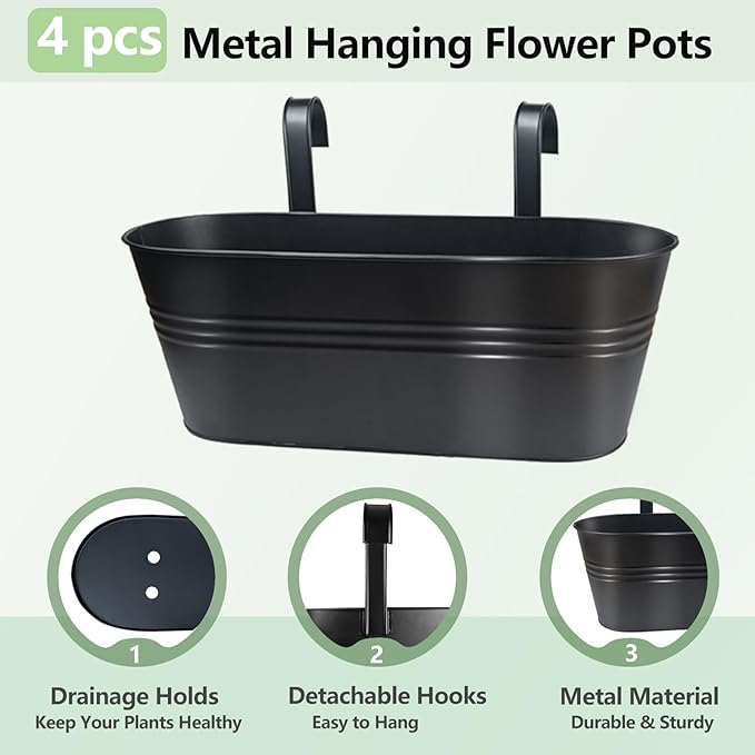 16 Inch 4 PCS Metal Hanging Flower Pots for Railing Fence, Large Railing Planters for Outdoor Plants, Fence Hanging Planters with Detachable Hooks for Garden Balcony