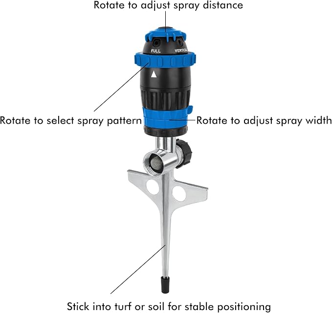 [2 Pack] RESTMO Gear Drive Sprinkler with Metal Spike Base, 5-Pattern Heavy Duty Gardening Watering System, Multi-Adjustable Lawn Sprinkle for Garden Plant, Flower Bed and Large Yard Area, Blue