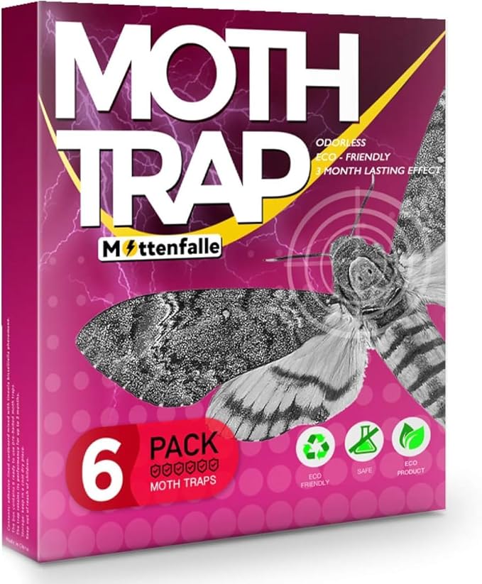 Mottenfalle Clothes Moth Traps, 6-Pack – Premium Non-Toxic Pheromone Traps for Closets, Wool Clothing, Carpets & Home Fabrics, Odorless & Eco-Friendly Protection (with Hook)