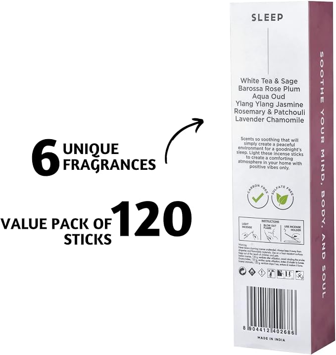 Folkulture Incense Sticks (120 Sticks) | Set of 6 Organic Aromatherapy Incense Sticks for Sleep, Relaxation, Meditation & Yoga | No Charcoal, Non-Toxic, 45-Minute Burn Time