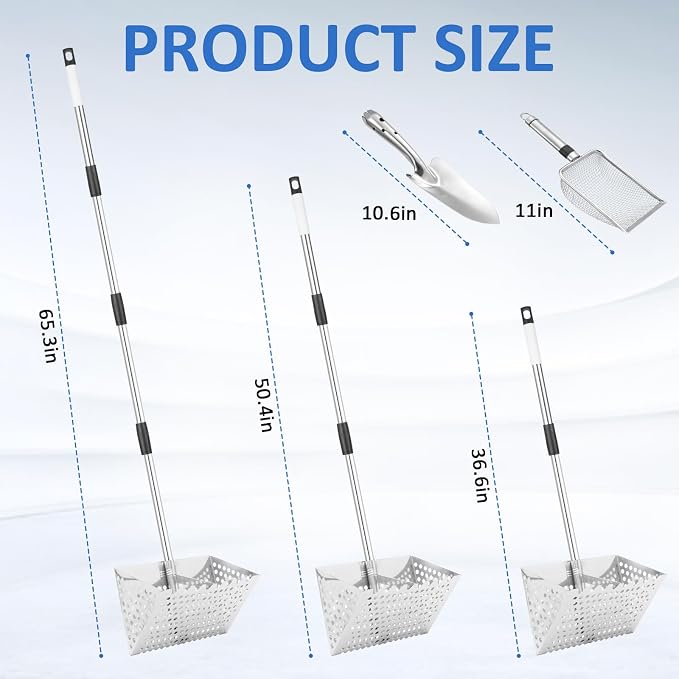 Sand Flea Rake, 65" Long Handle Stainless Steel Sand Sifter, 12" Wide Mesh Screen Beach Rake, Heavy Duty Shark Tooth Sifter for Seaside Collecting Sand Fleas, Shark Teeth, Seashells & MarineTreasures