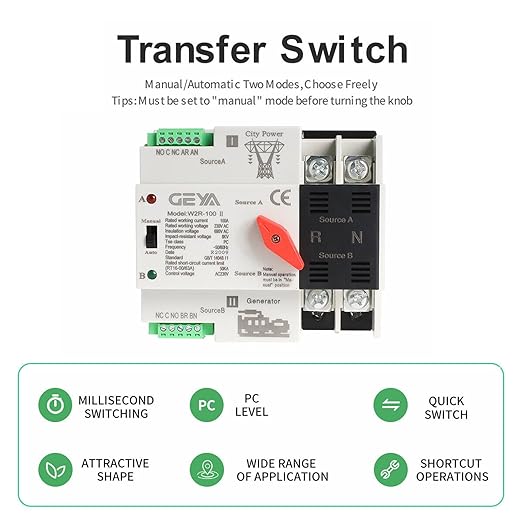 GEYA Mini ATS Automatic/Manual Transfer Switch, Solar Auto Dual Power Over & Under Voltage Switch 50/60Hz Grid to AC Generator(3Pole 63A 110V)