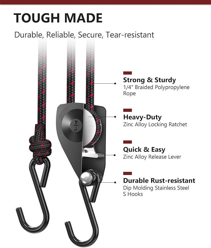 VIPARSPECTRA Ratchet Tie Down Straps, 1/4" Adjustable Rope Hangers [4 Pack, 12FT, 150 lbs/Pack], Heavy Duty Kayak Pulley System with Hooks for Garage Cargo Trucks Tents Grow Lights Various Lashing