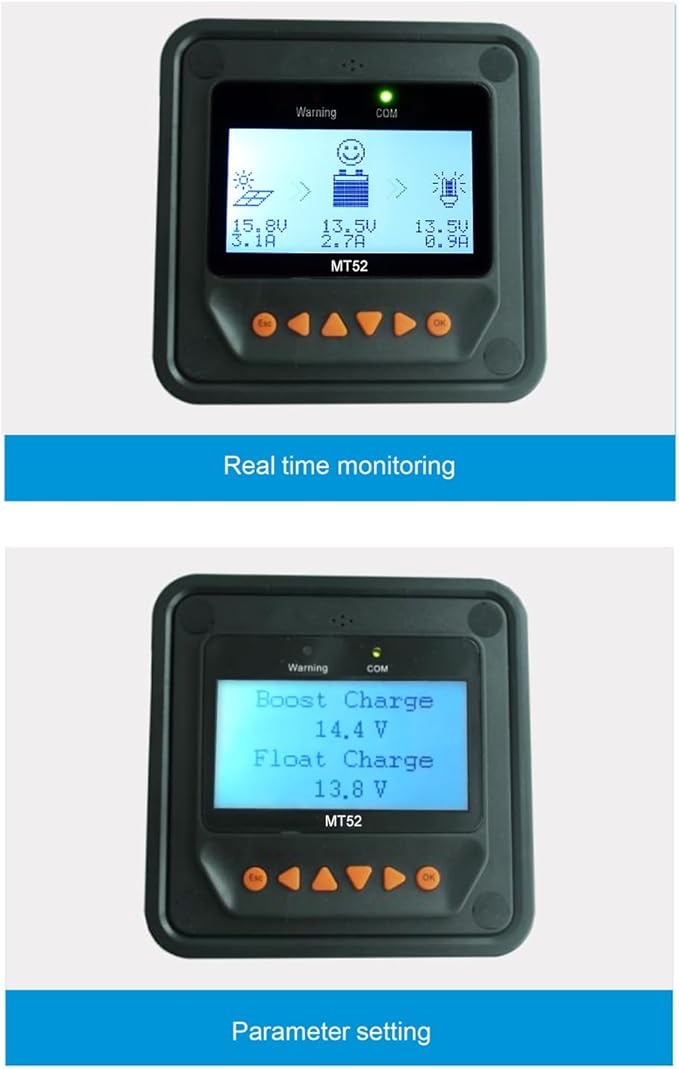 EPEVER MT52 Remote Meter for MPPT Solar Charge Controller 10/20/30/40A ,50/60/80/100A LCD Display Monitoring Setting Datas of Solar Panel Battery Regulator System (MT52)