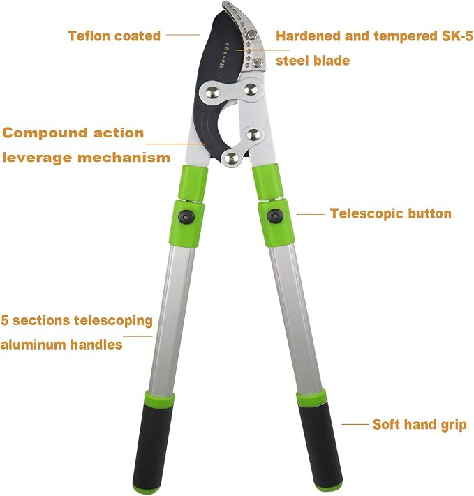 Heavy Duty Anvil & Bypass Lopper with Telescopic Handle (26-41 Inch) - 5-Layer Adjustable Garden Pruner, 2-Inch Branch Cutter for Tree Trimming