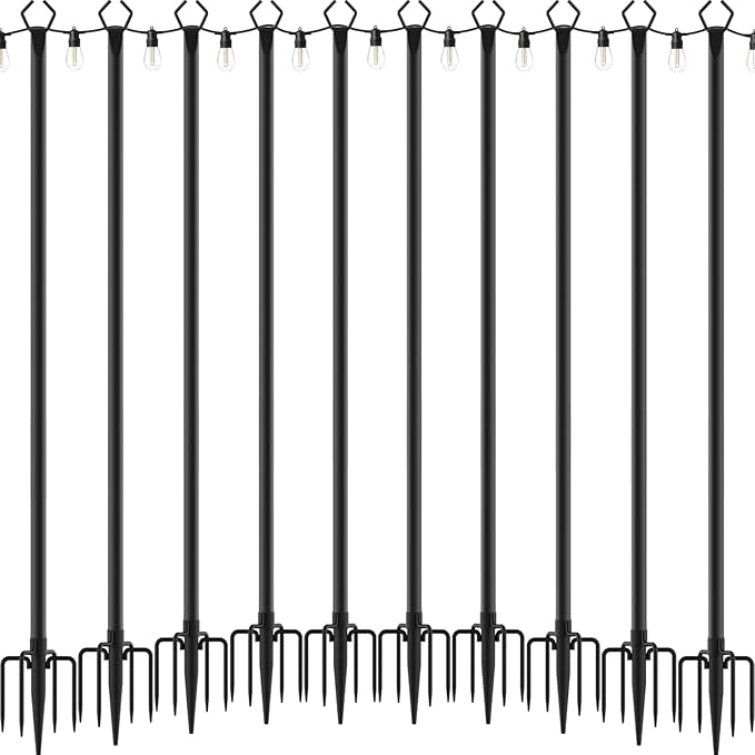 Mutovlin 10 Pack String Light Poles,10 Ft Light Poles for Outside String Lights,Outdoor Lights Pole with Fork,Metal Poles Stand for Patio Deck Backyard
