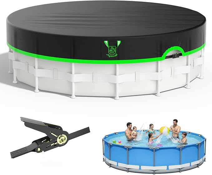 14ft Round Pool Cover, 420D Heavy Duty Above Ground Pool Cover with Sturdy Strap Ratchet Tensioner & Reflective Handles, Enhance Windproof, Side Seamless Tear Resistant, Weather Protection