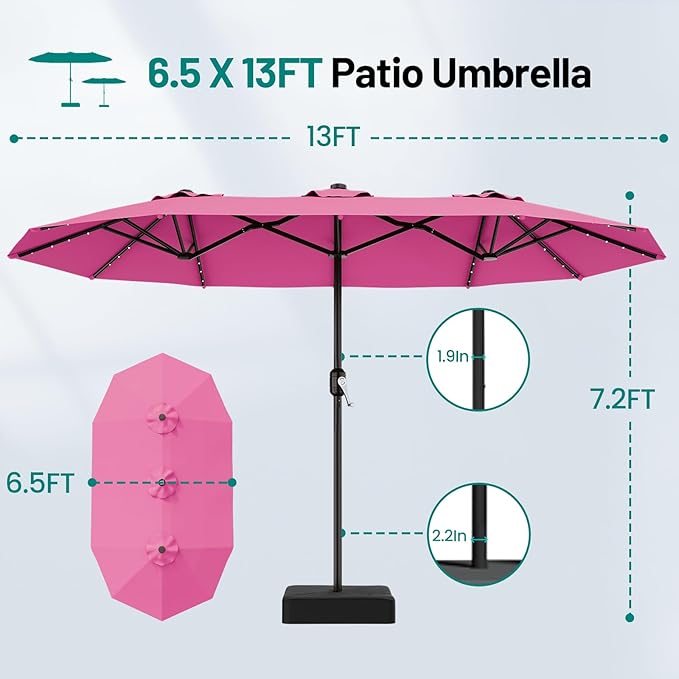 AreShark 13 FT Patio Umbrella with Solar Lights, Double-Sided Outdoor Table Umbrellas with Crank, Large Rectangular Market Umbrella for Porch, Lawn, Pool, Backyard, Rose Pink