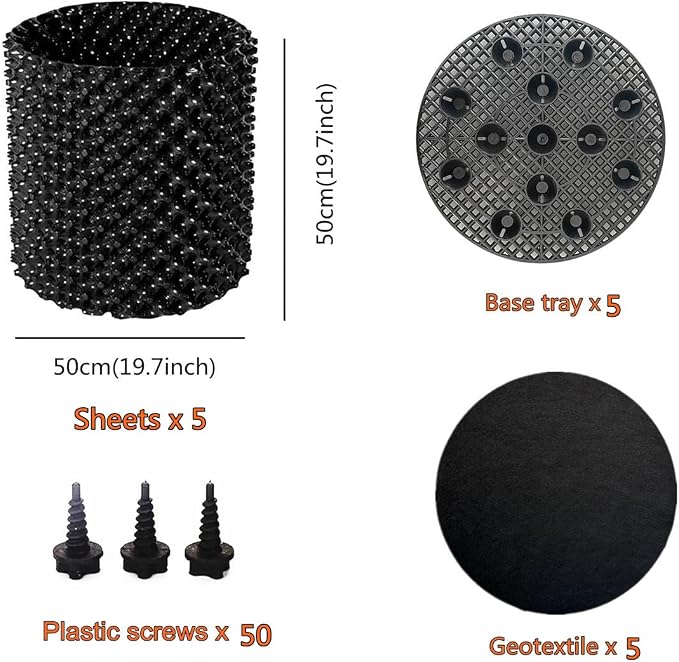 Air Pruning Plastic Root Control Containers/pots Nursery pots for Plants (Black, 50cm Tray 5sets)