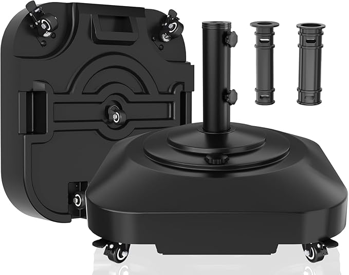 Umbrella Base, Heavy Duty Patio Umbrella Stand with 5 Wheels, Max 100lb Fillable Mobile Outdoor Base, Pole Holder 2 Knobs, UV Resistant and Windproof Design for Patio, Deck, Poolside, Lawn(19 in)