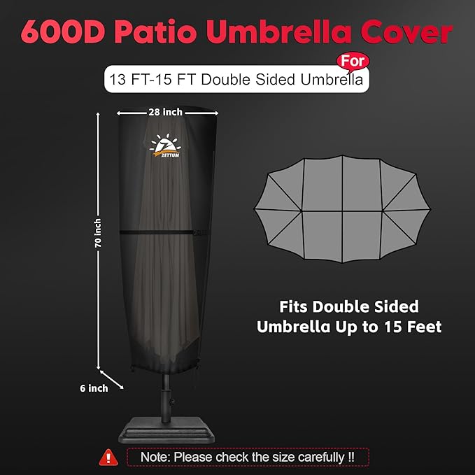 Zettum Patio Umbrella Cover - 600D Umbrella Covers Waterproof & Heavy Duty, Outdoor Umbrella Covers with Zip, Patio Parasol Cover Provide All-Weather Protection, Fit Double-Sided Umbrellas 13-15 FT