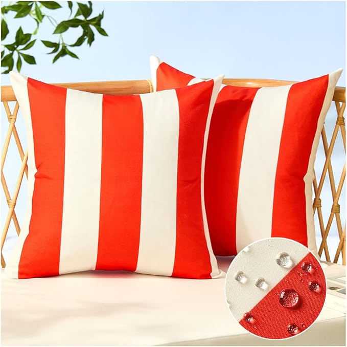Allorry Outdoor Pillow Covers 18x18 Set of 2 Orange Red Striped Decoration Throw Pillow Covers for Spring Summer Outdoor Waterproof Garden Patio Furniture Sofa Bed Home Decor JB007-G18