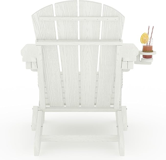 GarveeLife Folding Adirondack Chair Set of 4, All-Weather HDPE Outdoor Chair, Wooden Textured with Cup Holder for patios, Decks, Gardens, fire pits, White