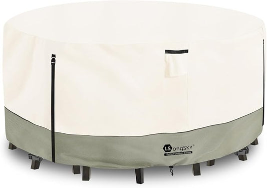 Round Patio Furniture Covers,600D Heavy Duty Waterproof Outdoor Furniture Cover for Round Dining Table with Rocking Swivel Chairs Set,84" Dia x 28" H Beige
